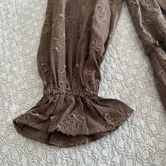 STORIA Brown Tiered Babydoll Mini Dress Long Sleeve Embroidered Floral Size S - Picture 6 of 11
